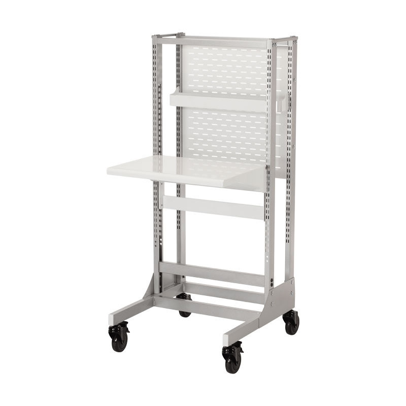Mobile workstation with height adjustable table top and storage shelf