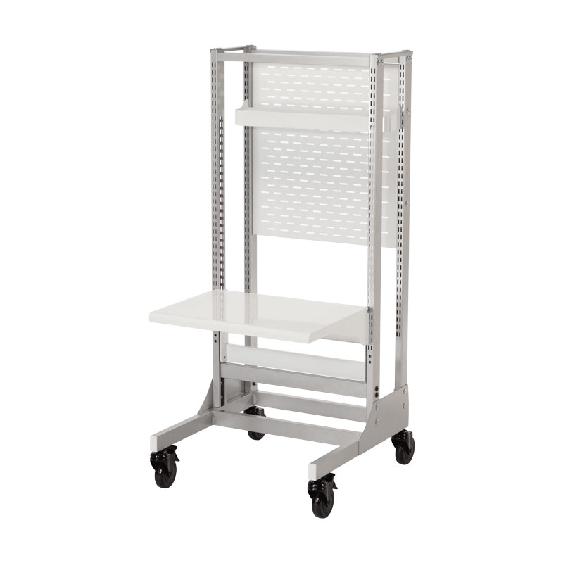 Mobile workstation with height adjustable table top and storage shelf