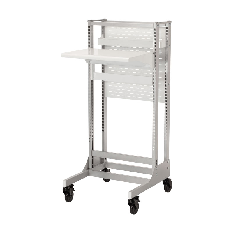 Mobile workstation with height adjustable table top and storage shelf